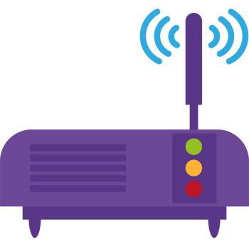 A purple wireless router with a green light png