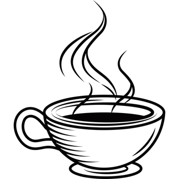 A black and white drawing of a cup of coffee png