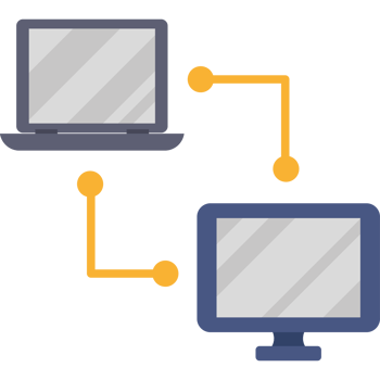 Two computers connected to each other with a yellow arrow png