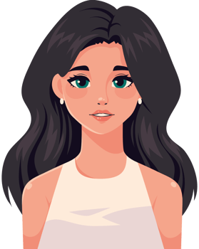 A cartoon girl with long black hair and green eyes png
