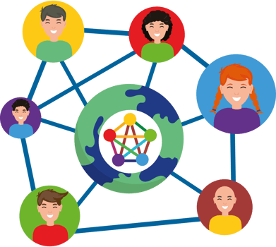 A group of people connected to a globe png