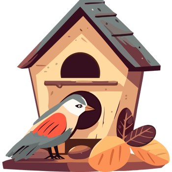 Bird house with bird and leaves png