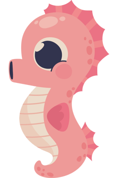 A cartoon seahorse with a pink body and blue eyes png