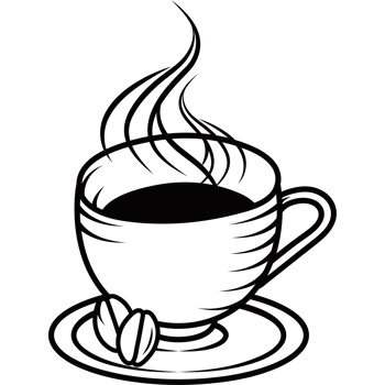 A black and white drawing of a cup of coffee png