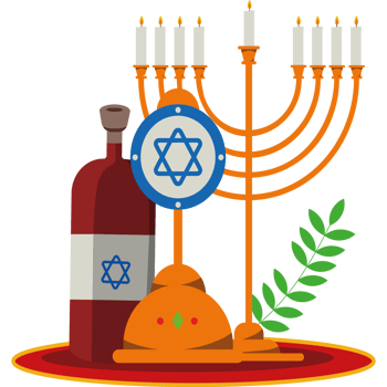 A menorah, wine and candles on a table png