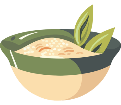 A bowl of rice with a leaf on top png