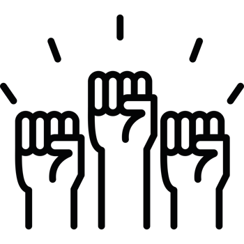 A black and white illustration of three hands with their hands up png