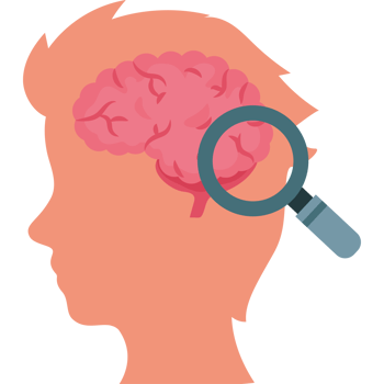 A person with a magnifying glass looking at a brain png