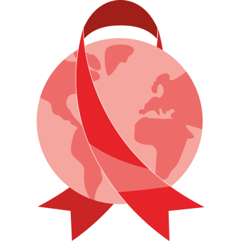 Red ribbon on a globe with a world map png