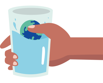 A hand holding a glass of water with a globe in it png