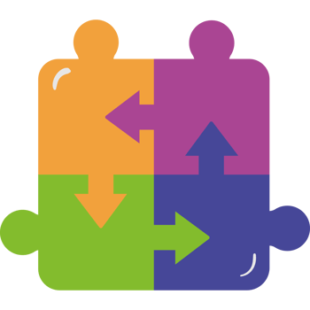 A puzzle piece with four people holding arrows png