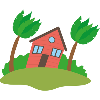 A cartoon house with palm trees and a tree png