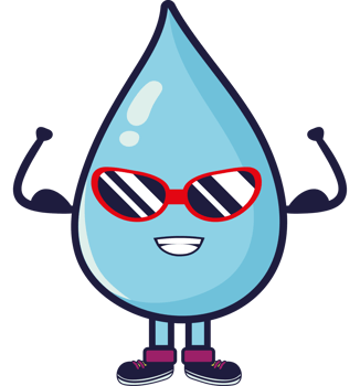 A cartoon water drop with sunglasses and a smile png