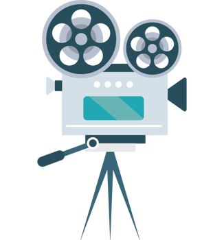 A movie camera on a tripod with two film reels png