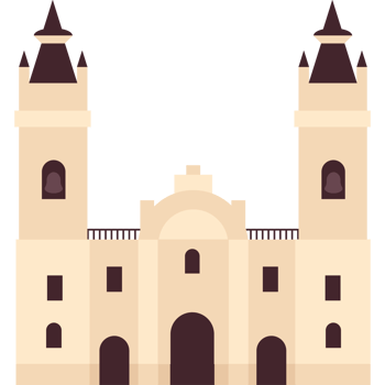 A large building with two towers and a clock tower png
