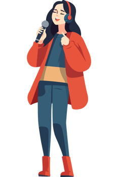 A woman in a red coat holding a microphone png
