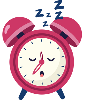 A pink alarm clock with a sleeping face png