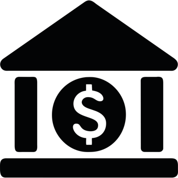 A black and white image of a bank building with a dollar sign png