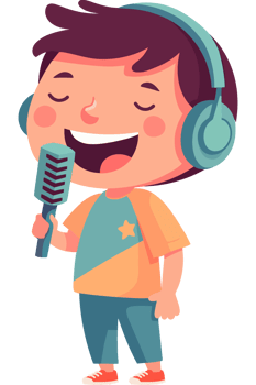 Cartoon boy singing with microphone png