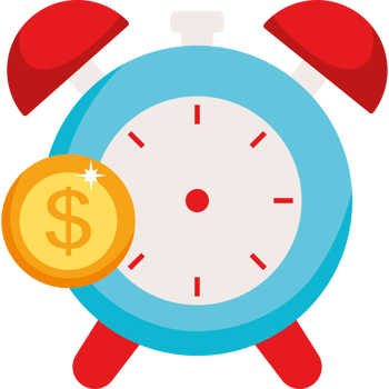 A clock with a dollar coin and a red hand png