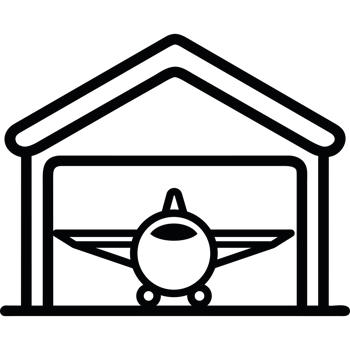 A black and white illustration of a plane in a hangar png