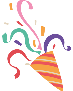 A colorful party hat with confetti and streamers png