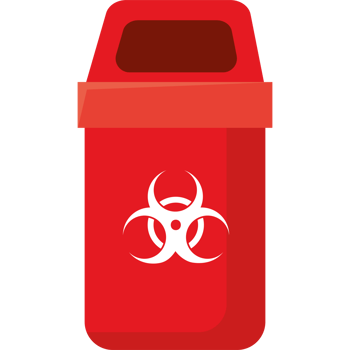 A red trash can with a biohazard symbol on it png