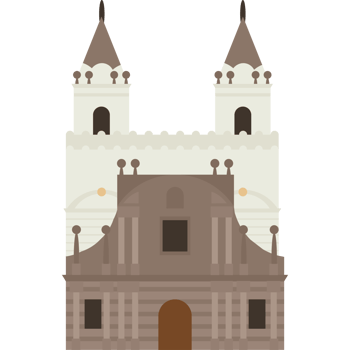 A church with two towers and a bell tower png