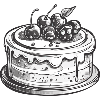 A black and white drawing of a cake with cherries png