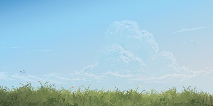 Grass field landscape with colorful butterflies graphic illustration have blank space at blue sky background. vector