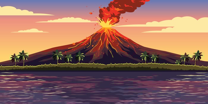 Sunset Erupting Volcano Landscape Illustration vector