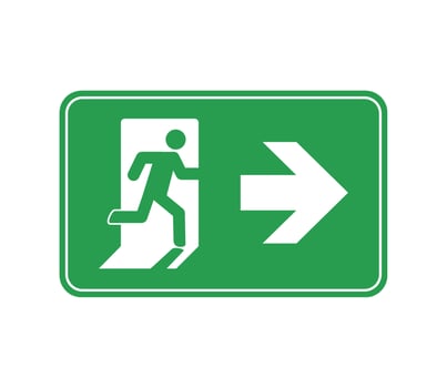 A green exit sign with a man running in the direction of the exit vector