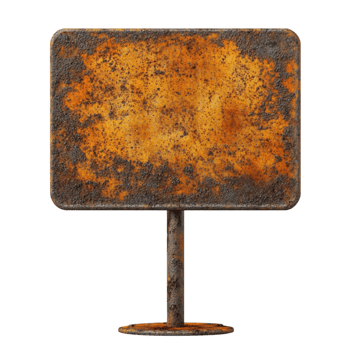 Rusty Metal Sign on Pedestal with Transparent Background. png
