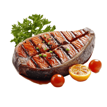 Grilled Salmon Steak with Fresh Tomatoes and Herbs on Transparent Background. png