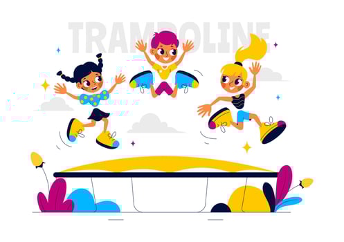 Illustration of a Happy Boy Bouncing on a Trampoline During Summer Fun in a Flat Style Cartoon Background vector