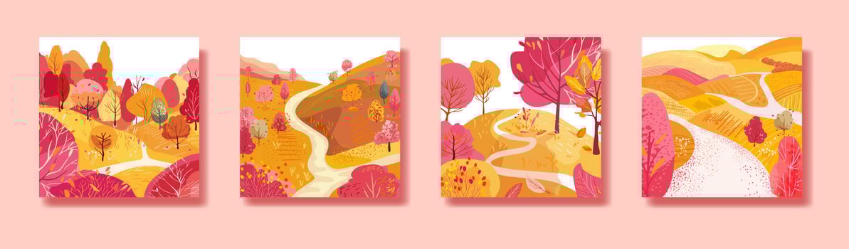 Set of 4 square posters with autumn landscape Hand drawn. vector