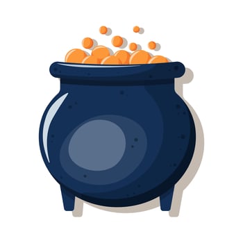 Blue cauldron with orange potion. Witch brews potion. illustration for Halloween. Icon, sticker. Trendy flat style. vector