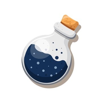 PotionBlue potion in transparent bottle. Wooden cork, bubbles. illustration for Halloween. vector