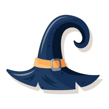Blue witch hat with orange strap. Halloween illustration. , trendy flat style. Single object, icon. vector