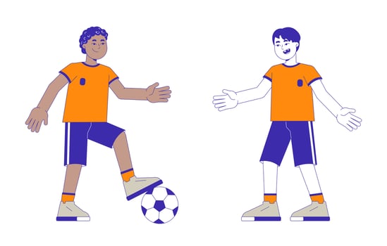 Soccer team kids kicking football 2D cartoon characters. Little footballers soccerball. Diverse boys playing ball isolated people flat on white background. Spot illustration colorful vector