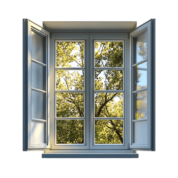 Window with Open Shutters Showing Green Trees Through Transparent Background png