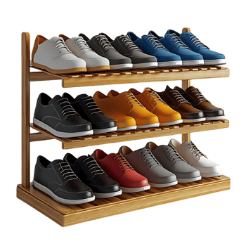 Organize Your Shoes with a Stylish Three-Tier Bamboo Shoe Rack, Perfect for Entryways or Closets, Offering a Clean and Efficient Storage Solution png