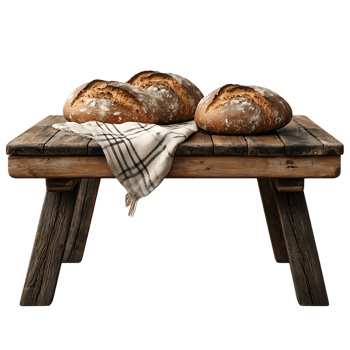 Three Freshly Baked Loaves of Bread Resting on a Rustic Wooden Table with a Checkered Cloth, Transparent Background png