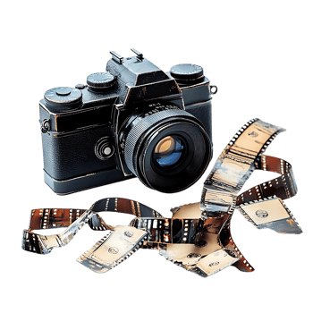 Vintage Camera with Film Strips on a Transparent Background png