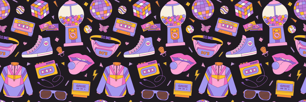 Seamless pattern colorful elements 80s 90s. Disco ball, sunglasses and bubble gum, cassette. background, print, wallpaper vector