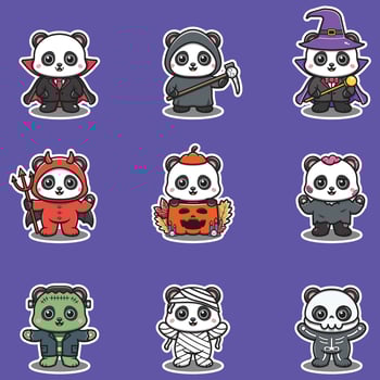 Illustration elements of group of Panda in halloween costumes. Halloween funny Panda . Stickers, illustration, banner, elements set vector