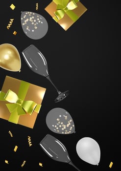 Realistic 3D golden gift box and champagne glasses festive composition design vector
