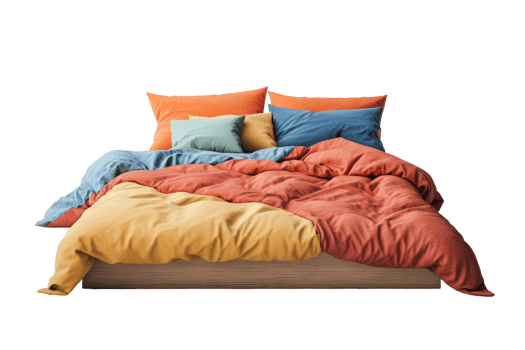 Modern double bed with pillows and duvet. Bedroom furniture with colorful bedding png