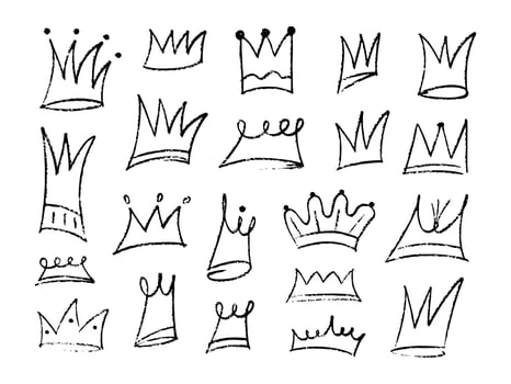 Doodle chalk crown set. Hand drawn crayon, charcoal crown icon. Scribble line sketches of king crown, queen royal diadem . vector