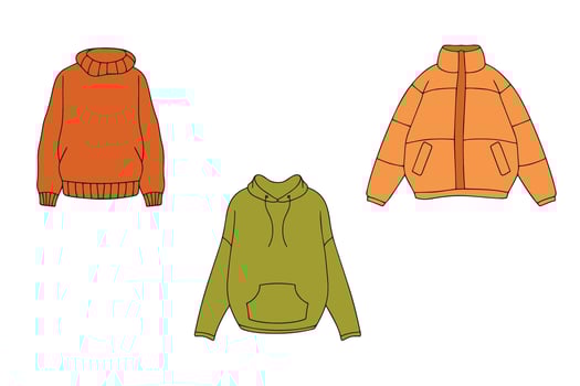 set of winter clothes. Sweater, hoodie, jacket in doodle style. illustration vector